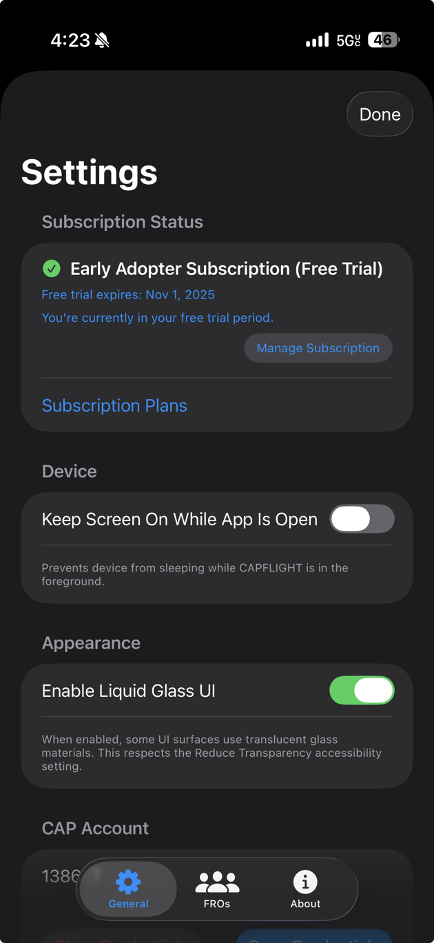 SortieTrack Settings view